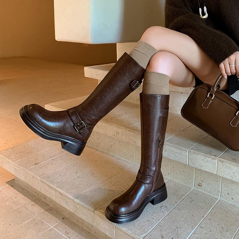 Sweet and cool Spice Girls simple but knee knight boots 2025 autumn and winter new round head thick sole thick heel belt buckle high boots