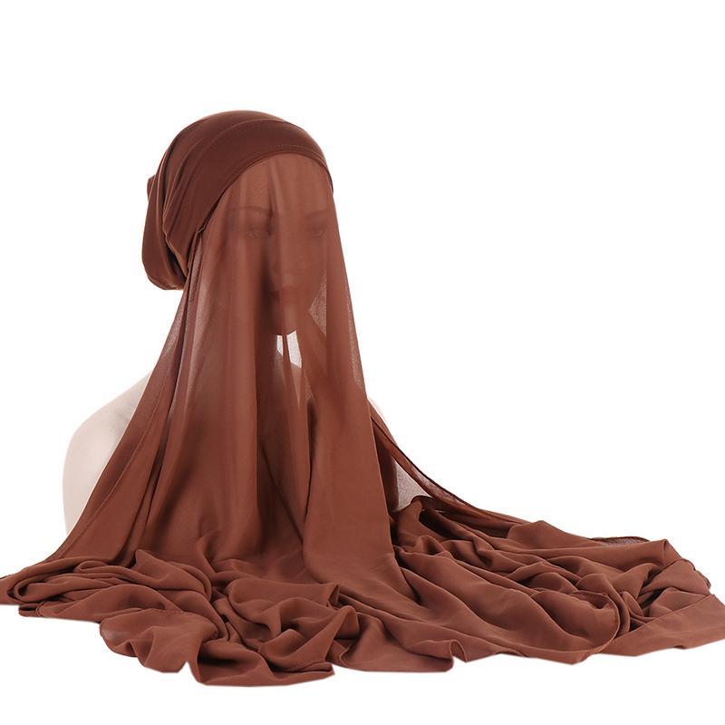 1Pc Muslim Shawl Scarf Chiffon Hijab Breathable Turban Head Wrap Women Solid Color Polyester With Inner Cap