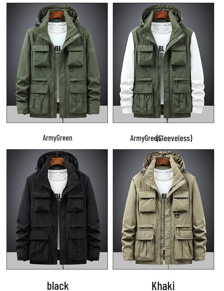 Herren Winddichter Parka mit abnehmbaren Ärmeln: Frühlings-/Herbst-Jacke mit mehreren Taschen, lockerer Schnitt, Übergröße, Freizeit-Arbeitskleidung