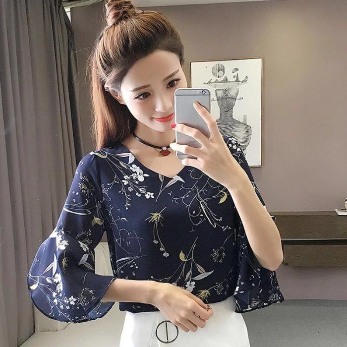 

Шифоновая блузка для женщин с рукавом пять четвертей, топ для лета, новый большой размер, женская, слегка полная ММ, свободная, с цветочным принтом, базовая рубашка 3XL синий