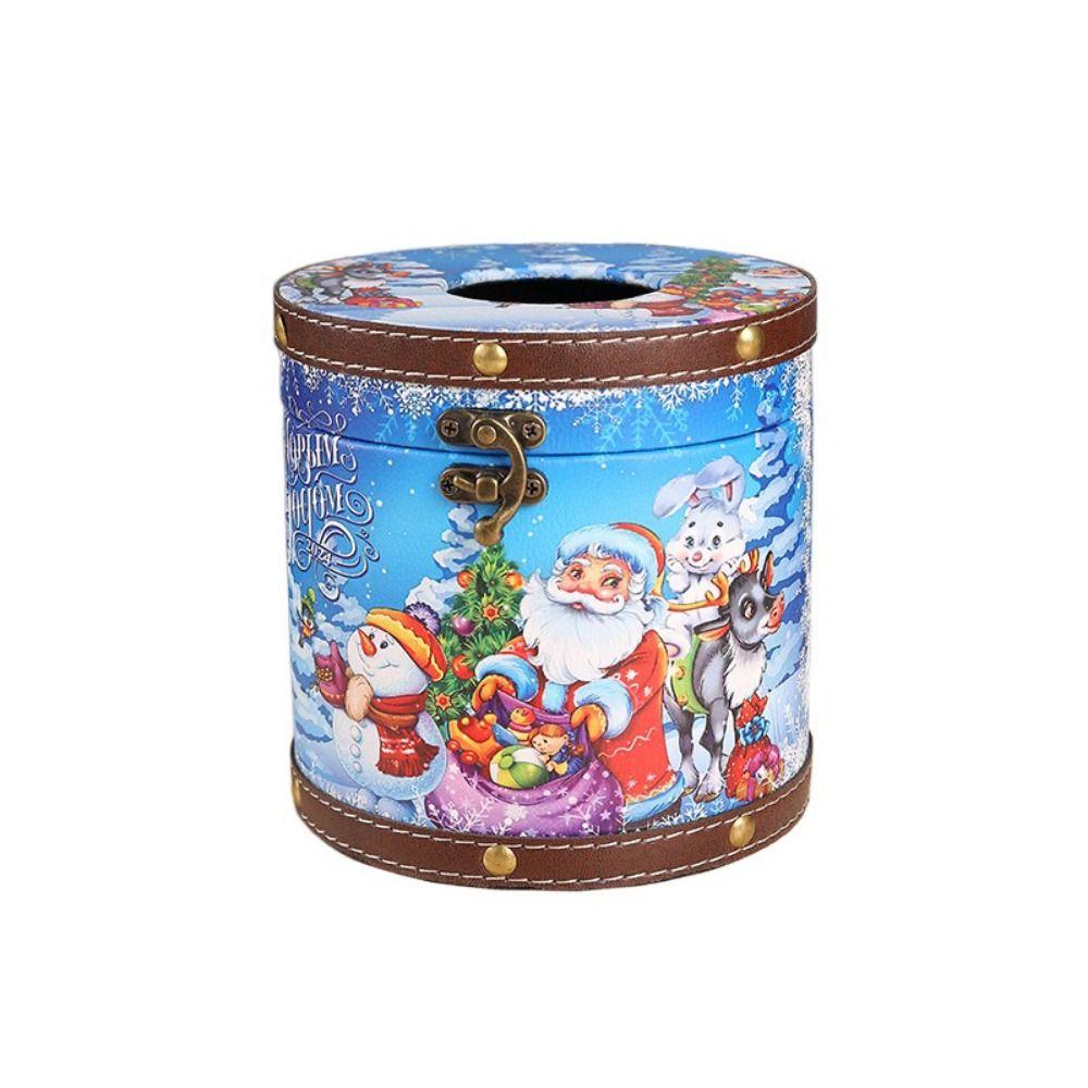 

Cartoon Christmas Round Tissue Box Leather Tissue Storage Box Decorative Desktop Paper Box Office Style C