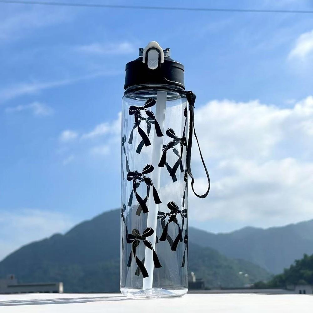 800ML Sports Water Bottle Bow Flower Printed Water Cup Trendy Straw Cup Gym