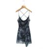 Sexy cross strap big halter suspender skirt European and American spice girls tie-dye printed mesh irregular waist dress
