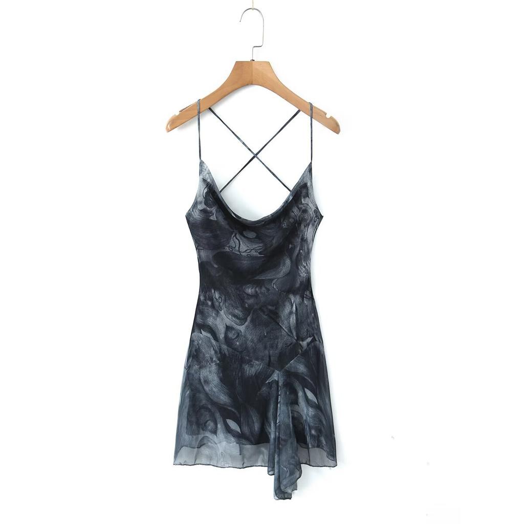 Sexy cross strap big halter suspender skirt European and American spice girls tie-dye printed mesh irregular waist dress