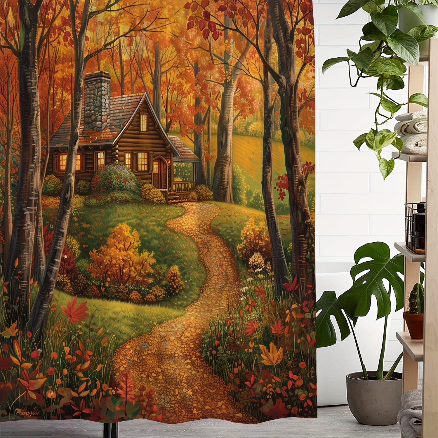

One Autumn Vintage Forest Cabin Print Shower Curtain, Includes 12 Hooks - Curtain For Windows W60H190(CM)-1 Pcs