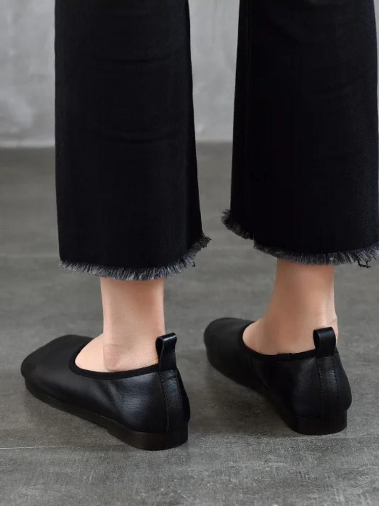 Johnature Retro Flache Schuhe mit weicher Sohle Eckige Spitze Echtes Leder Vielseitige Damen Slipper