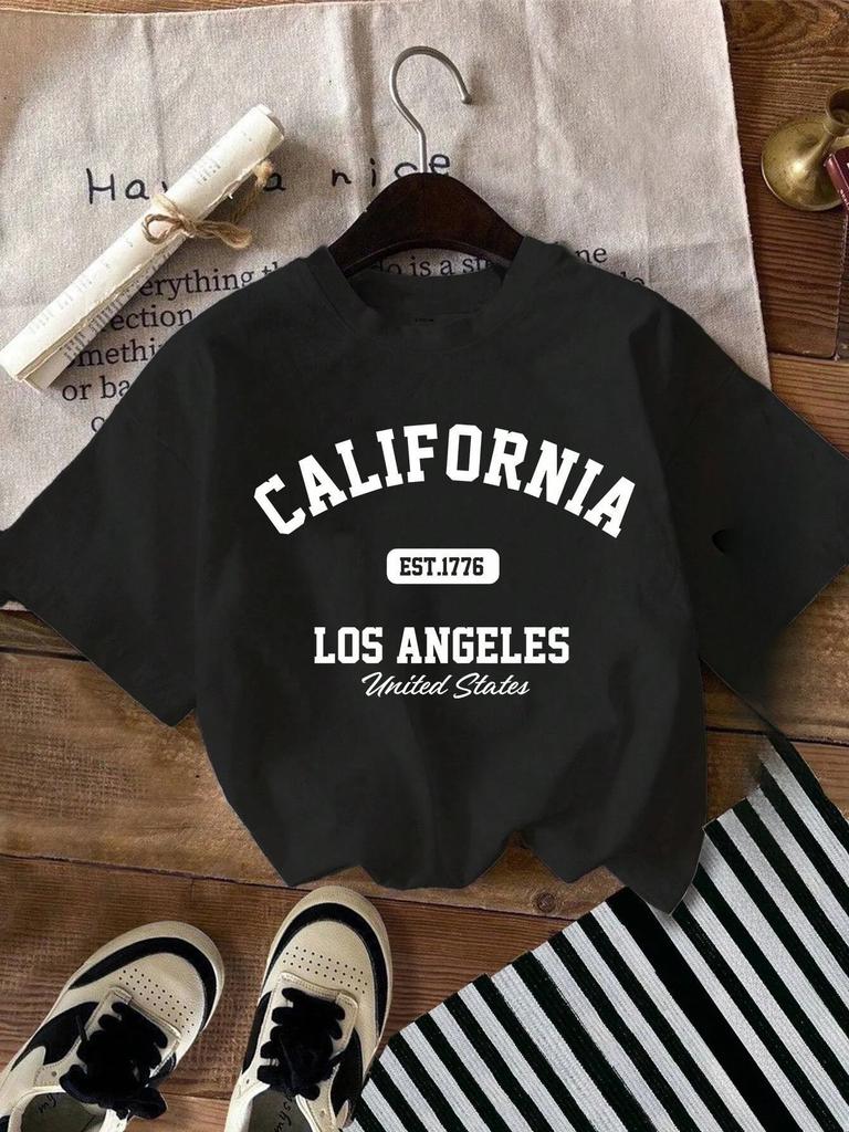 California Letter Print Crew Neck Tshirt American Retro Trend Casual For Unisex Summer Versatile Daily Top