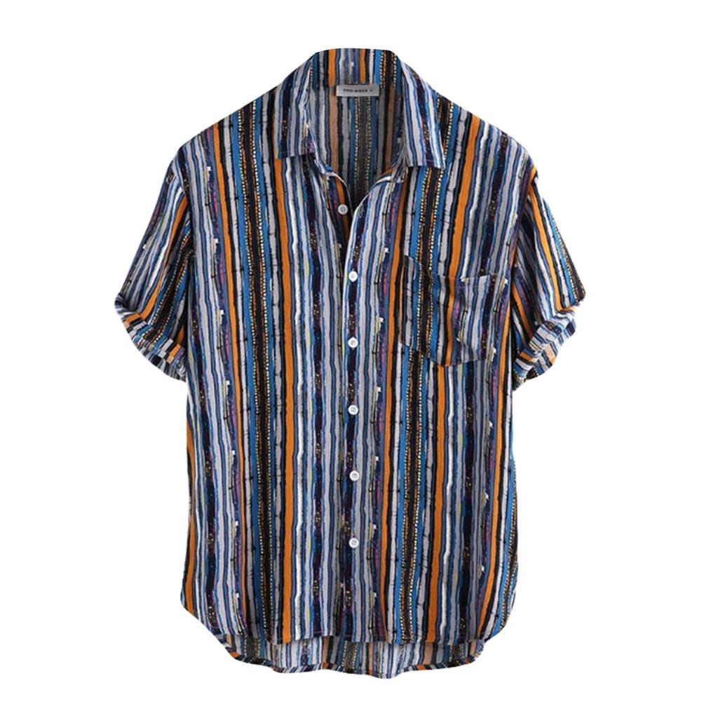 Men's casual fashion stripe printed Lapel short sleeve Slim Fit Shirt