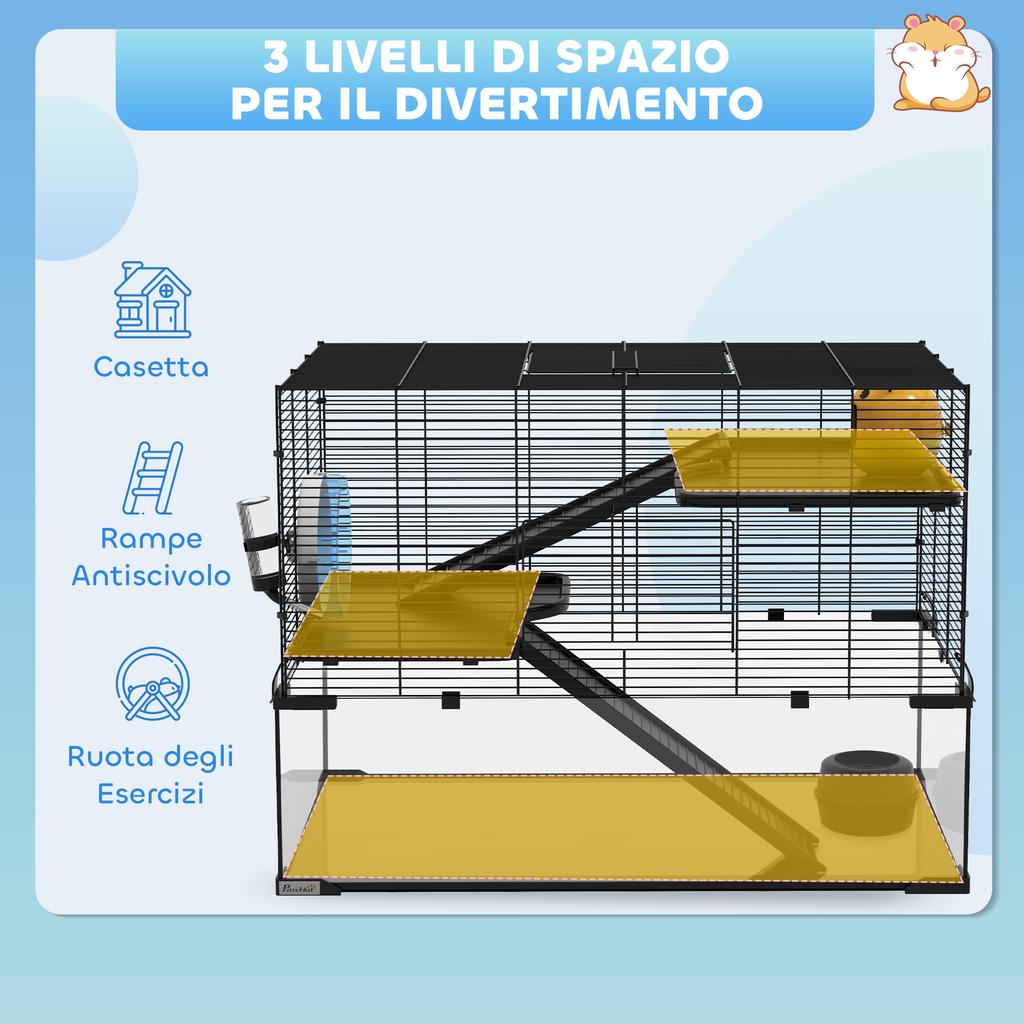 3-Tier Hamster Cage with Tempered Glass Base, Wheel and Accessories, 76.5x48.5x54.5 cm, Black