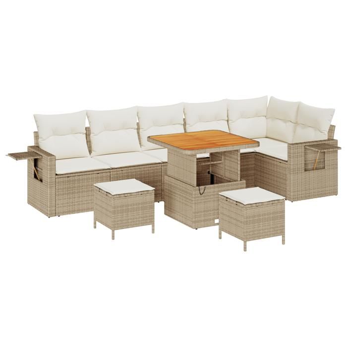 Set de 9 pièces de Sofa de Jardin avec Coussins Beige en Poly Rotin Acacia, Set 3 pièces de Salle à Manger de Jardin 3361761
