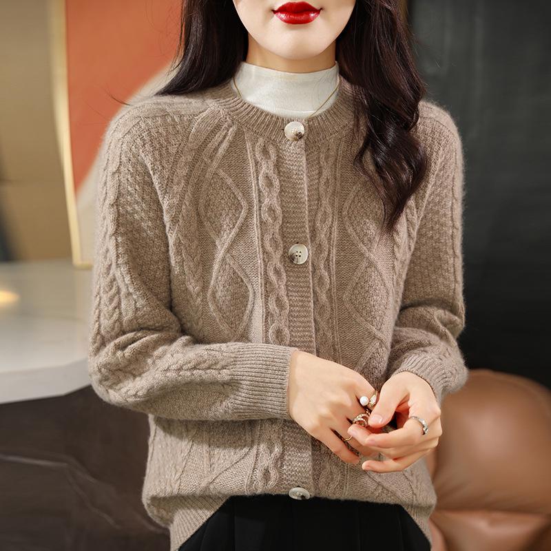 Chunky Knit Wool Women's Cardigan - Round Neck Solid Color, Diamond Plaid, Autumn/Winter Casual Jacket