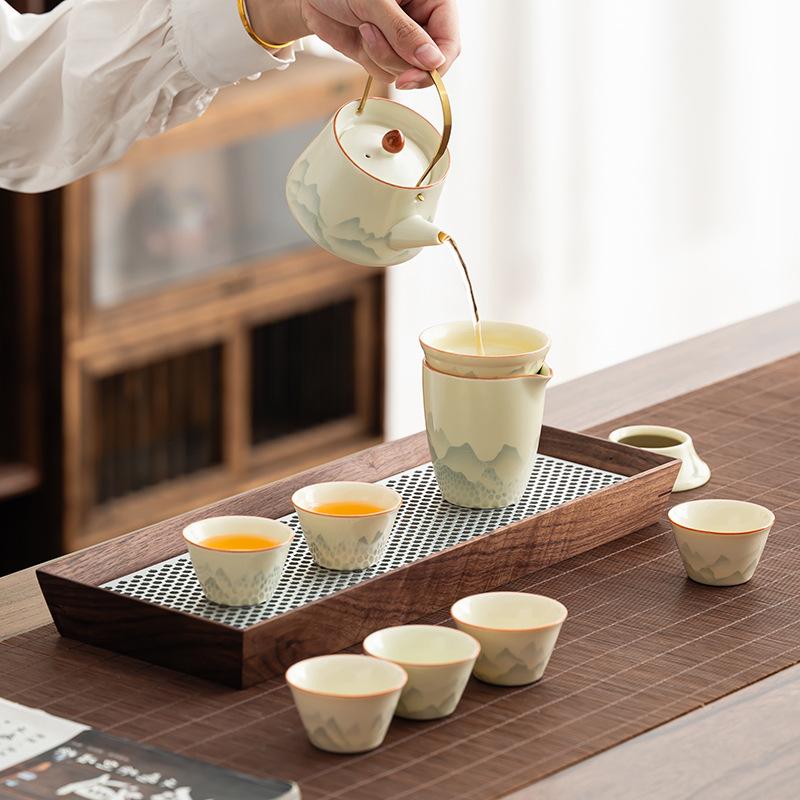 Light luxury national style Ru kiln gift ink landscape tea set kung fu set