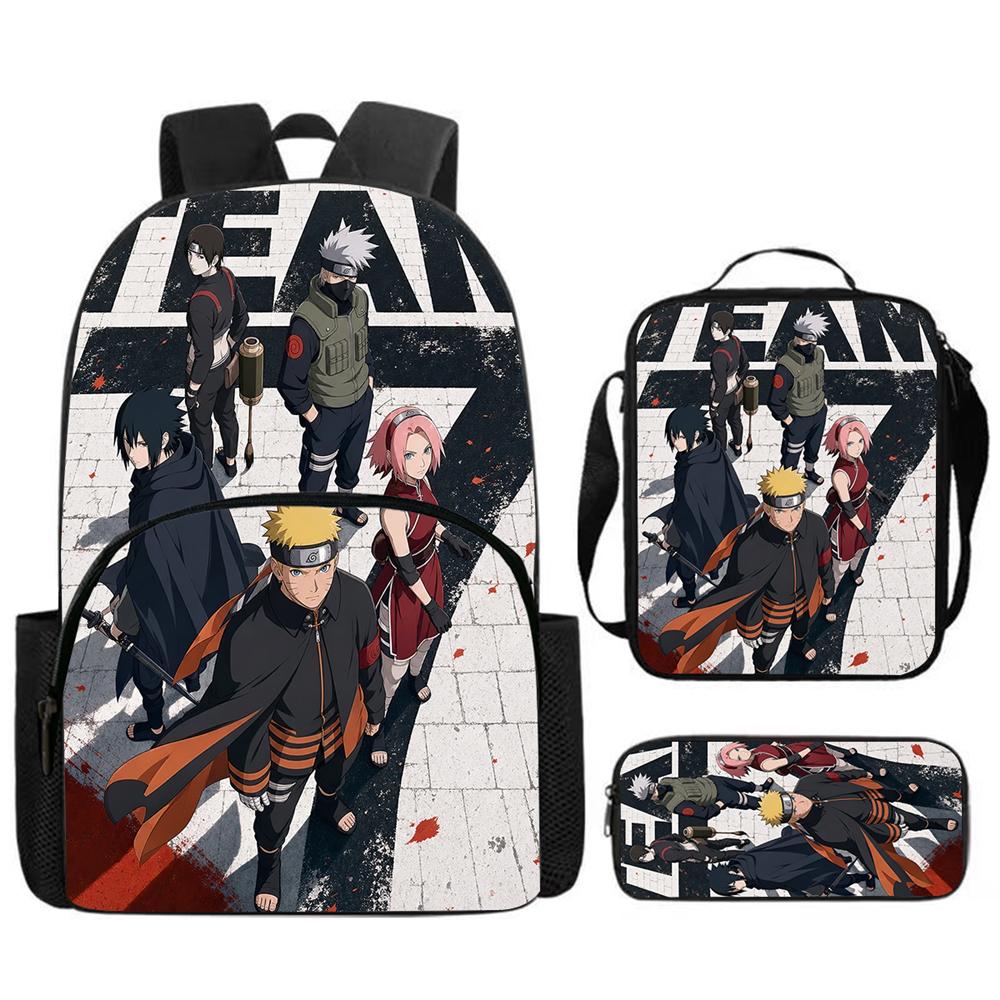 3Pcs Set NARUTO Anime School Backpack with Front Pocket, Lunch Bag & Pencil Bag, Lightweight & Durable for Boys & Girls Age 4-10
