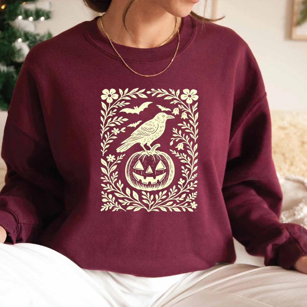 Halloween Crow Pumpkin Sweatshirt Jack O Lantern Floral Halloween Hoodies Women Crewneck Sweatshirt Long Sleeve Casual Pullover