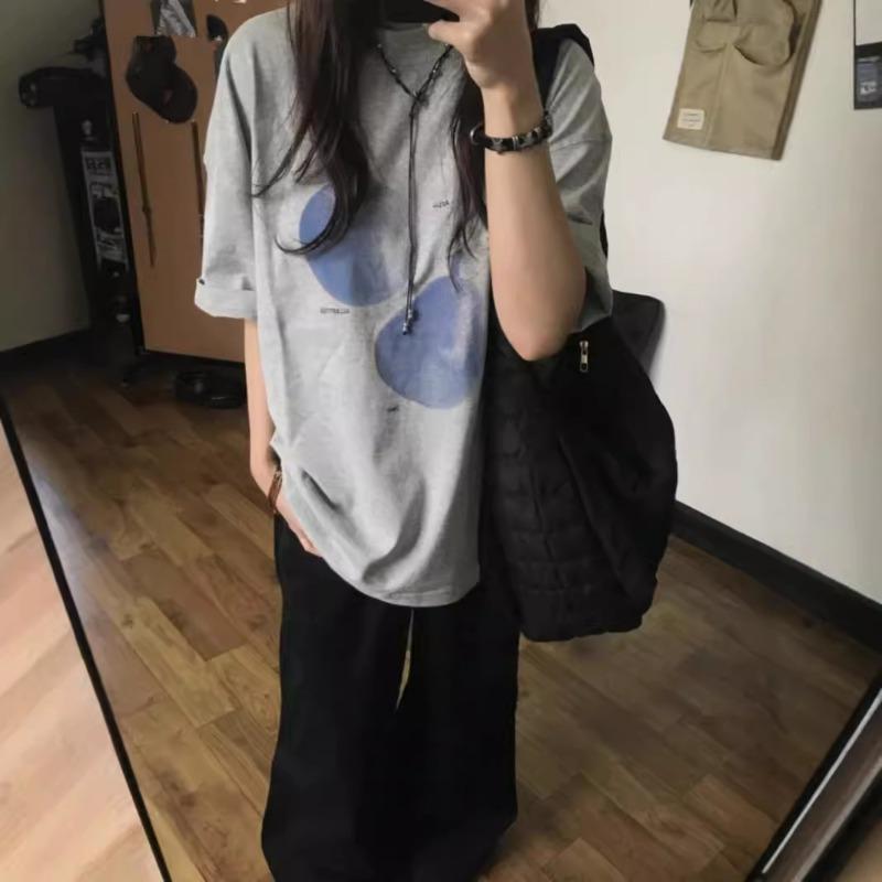 Summer Round Neck Vintage Printing Street Style Cotton T-shirt Women Short Sleeve Harajuku Pullover Top Tee