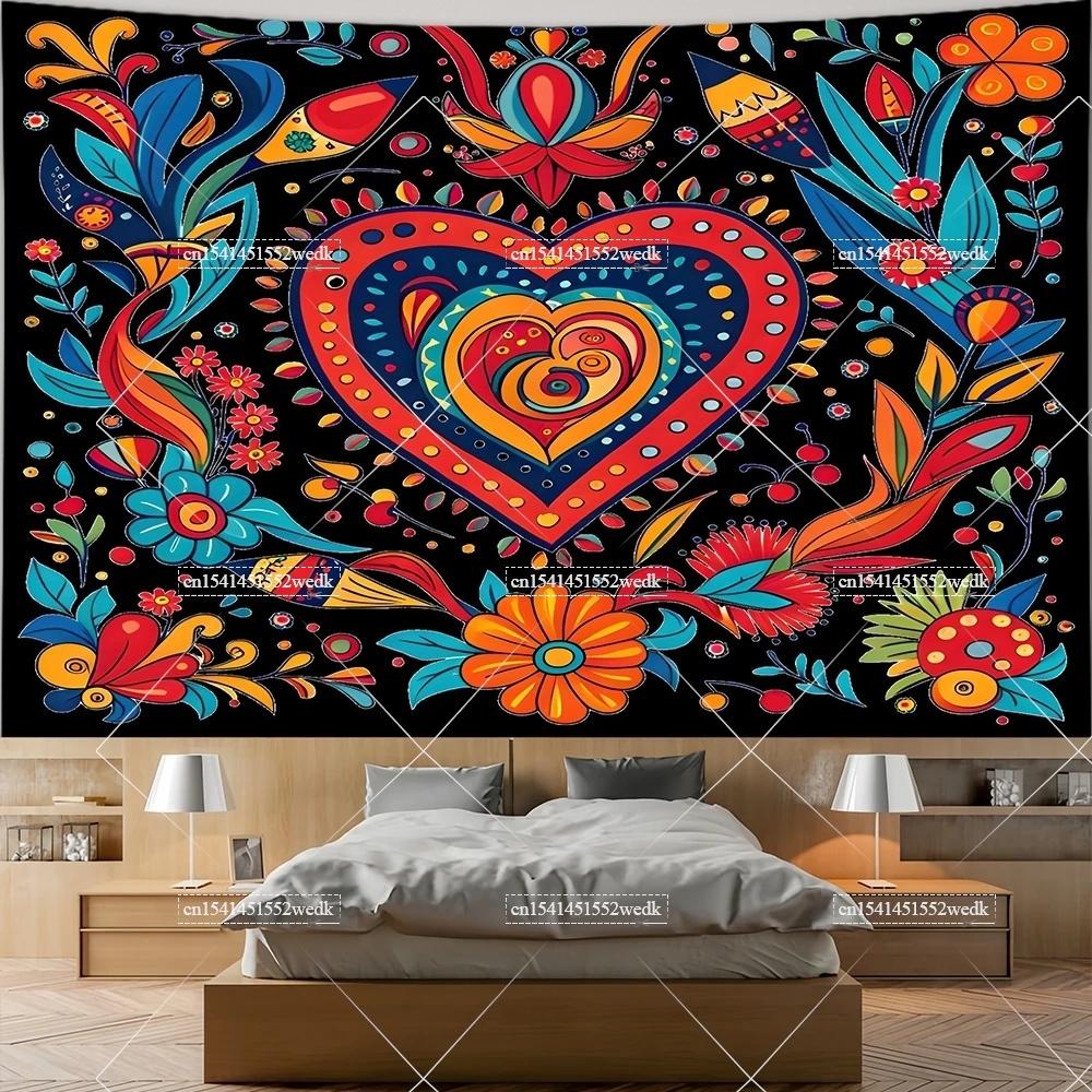 Mexiko Blumenteppich Mexikanische Pflanze Blumen Stickerei Ethnisch Otomi Vögel Wandteppiche Ästhetische Raumdeko Illustrationen Hintergrund