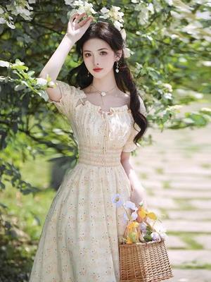 Elegant French Floral High-Waisted Shirred Dress - Sweet Style, Waist-Cinched, Fresh Fairy Long Dress