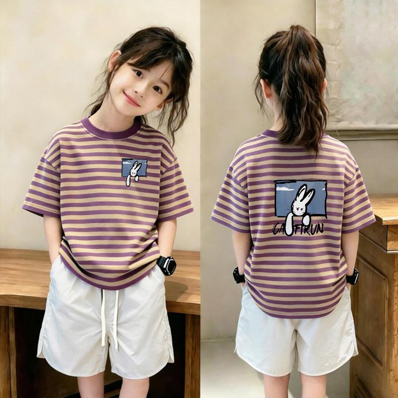 Trendy Striped Short-Sleeve T-Shirt Set for Girls Aged 6-12, Loose Patchwork Summer Top
