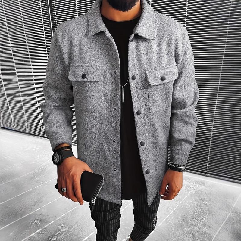 2026 New Men's Woolen Jacket, Solid Color Coat with Turn-down Collar and Buttons, Casual Overcoat