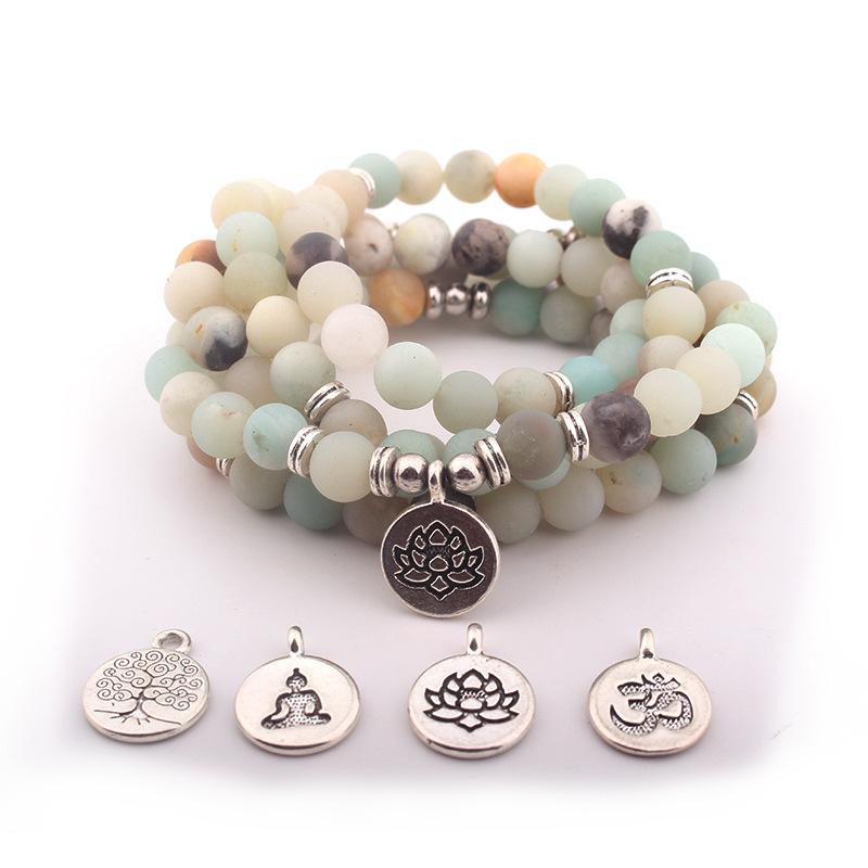 Natural White Turquoise  Imperial Stone 108 Bead Necklace with Lotus Pendant Bracelet Set