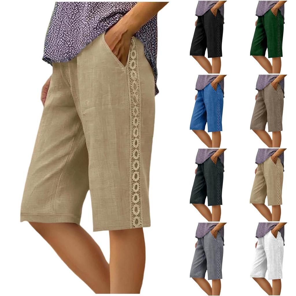 Women's Fashion Color Loose Pocket Elastic Waist Cotton Linen Casual Five Pants