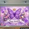 Sfondo Compleanno Farfalla Viola 2D Corona Floreale Festa Ragazza Photo Booth Banner