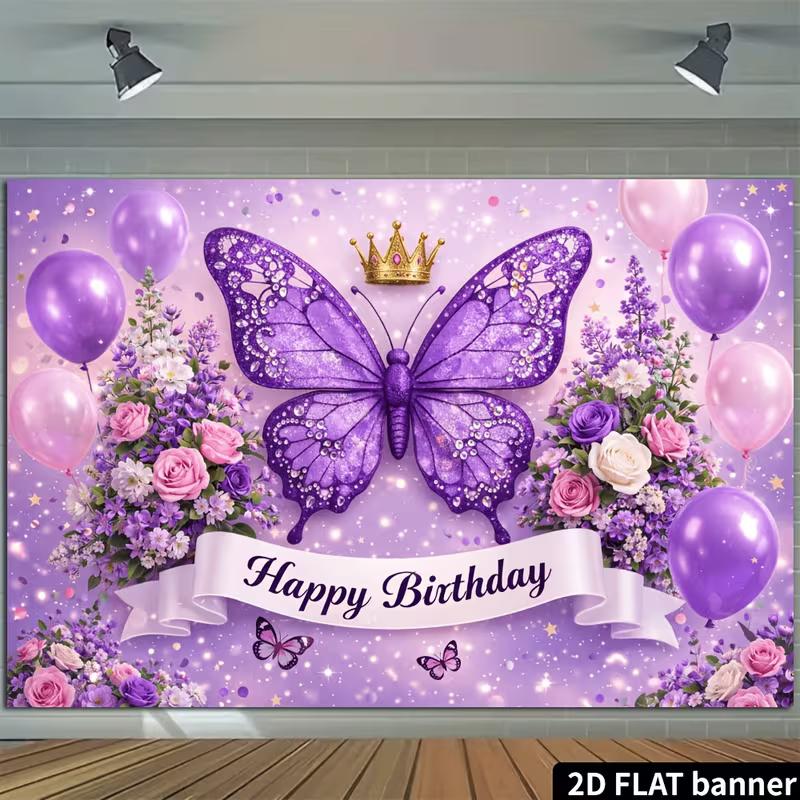 Sfondo Compleanno Farfalla Viola 2D Corona Floreale Festa Ragazza Photo Booth Banner