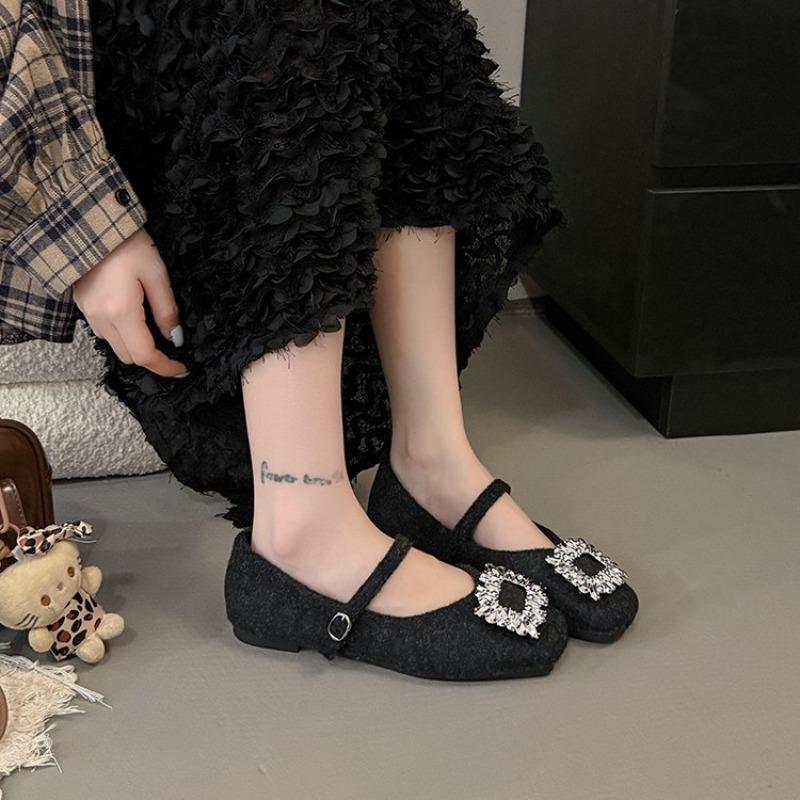 French Rhinestone Square Buckle Single Shoes for Women 2026 Autumn and Winter New Cotton Shoes Wedge
