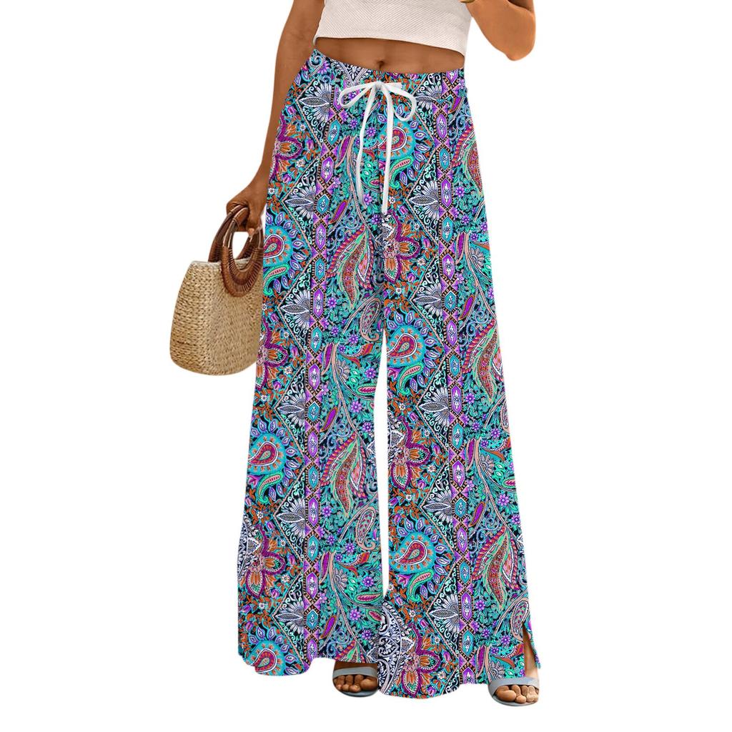 Women's Printed Wide Leg Pants With Pockets High Waist Drawstring Loose Casual Pants
