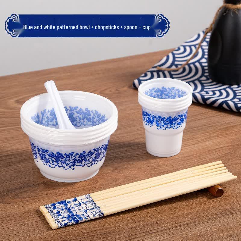 Qiwai Disposable Blue & White Porcelain 3-Piece Paper Tableware Set