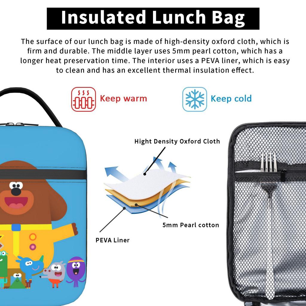 Duggees Cartoon Insulated Lunch Bags for Men Women Food Bag Reusable Thermal Cooler Lunch Boxes For Travel