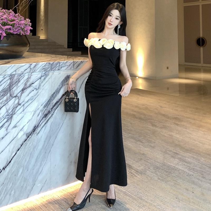French Chic One-Shoulder Black Evening Gown Small