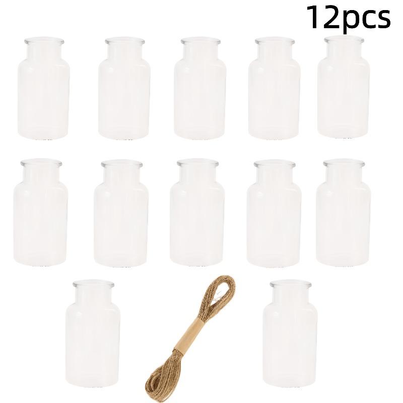 12pcs Transparent Headless Small Plastic Vase Anti-Drop Leak-Proof with Brown Jute Rope Decoration for Table Center Wedding Home