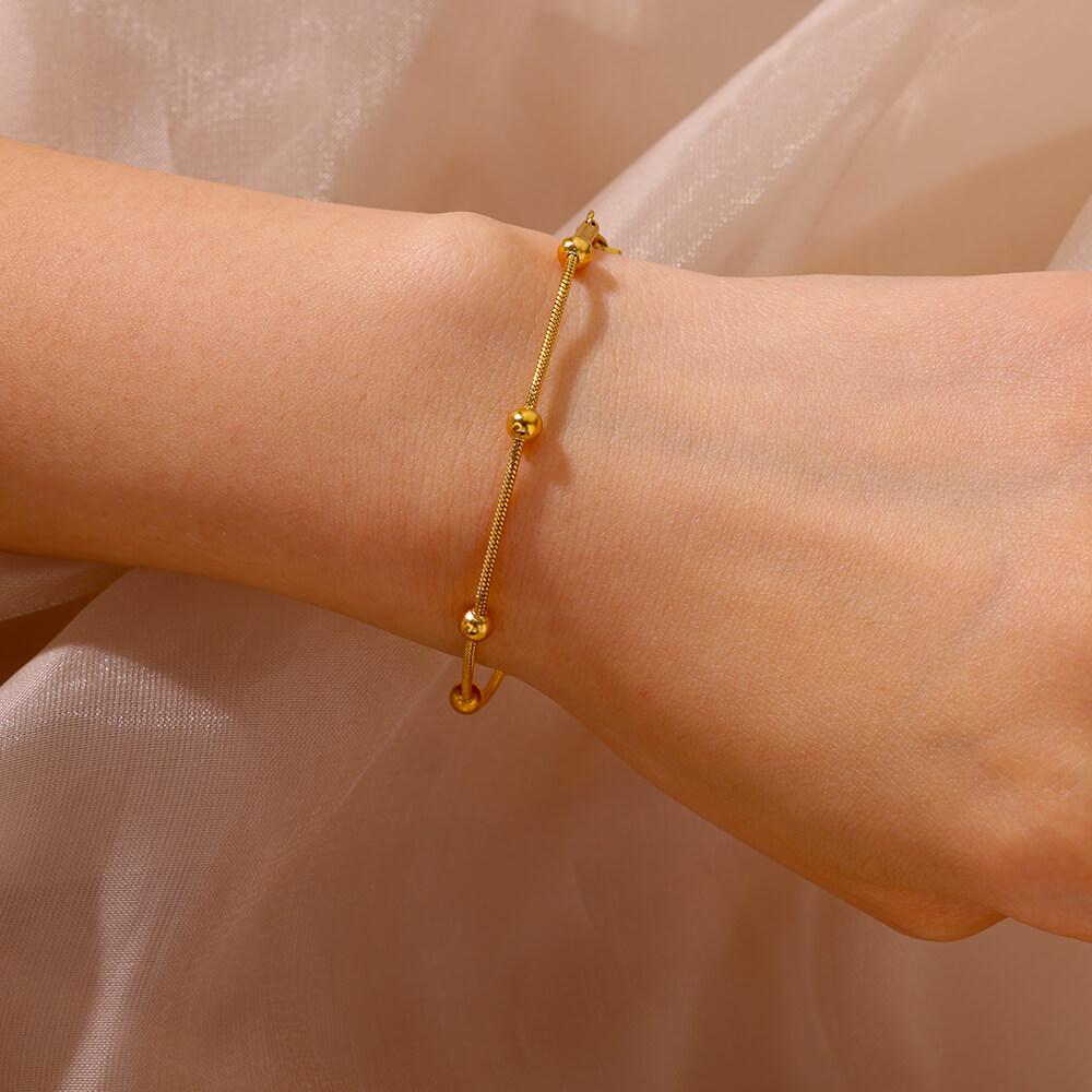 Stainless Steel Beaded Round Snake Chain Bracelets For Women Gold Color Geometric Bracelet Luxury Wedding Party Jewelry Gift