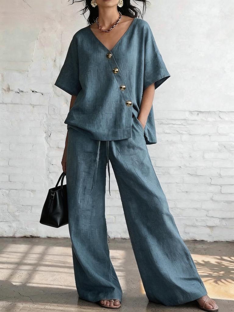 2026 spot new product European and American independent station summer leisure vacation loose cotton and linen v-neck wide-leg pants two-piece set