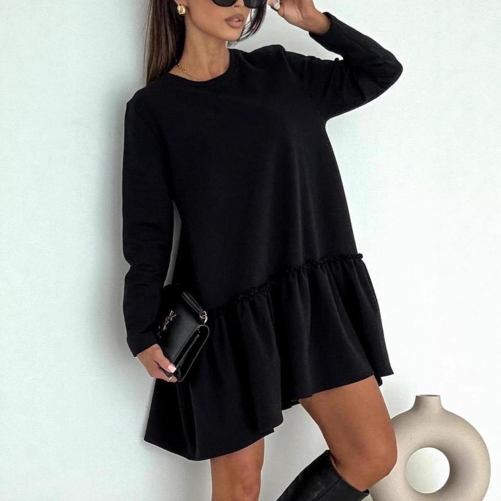 Elegantní evropské a americké plisované jednobarevné dlouhé šaty s volánkovým kulatým výstřihem