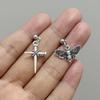 Punk Gothic Sliver Color Stainless Steel Cross Red Moth Skull Asymmetry Dangle Earrings for Women Hallowmas Party Jewelry Gifts