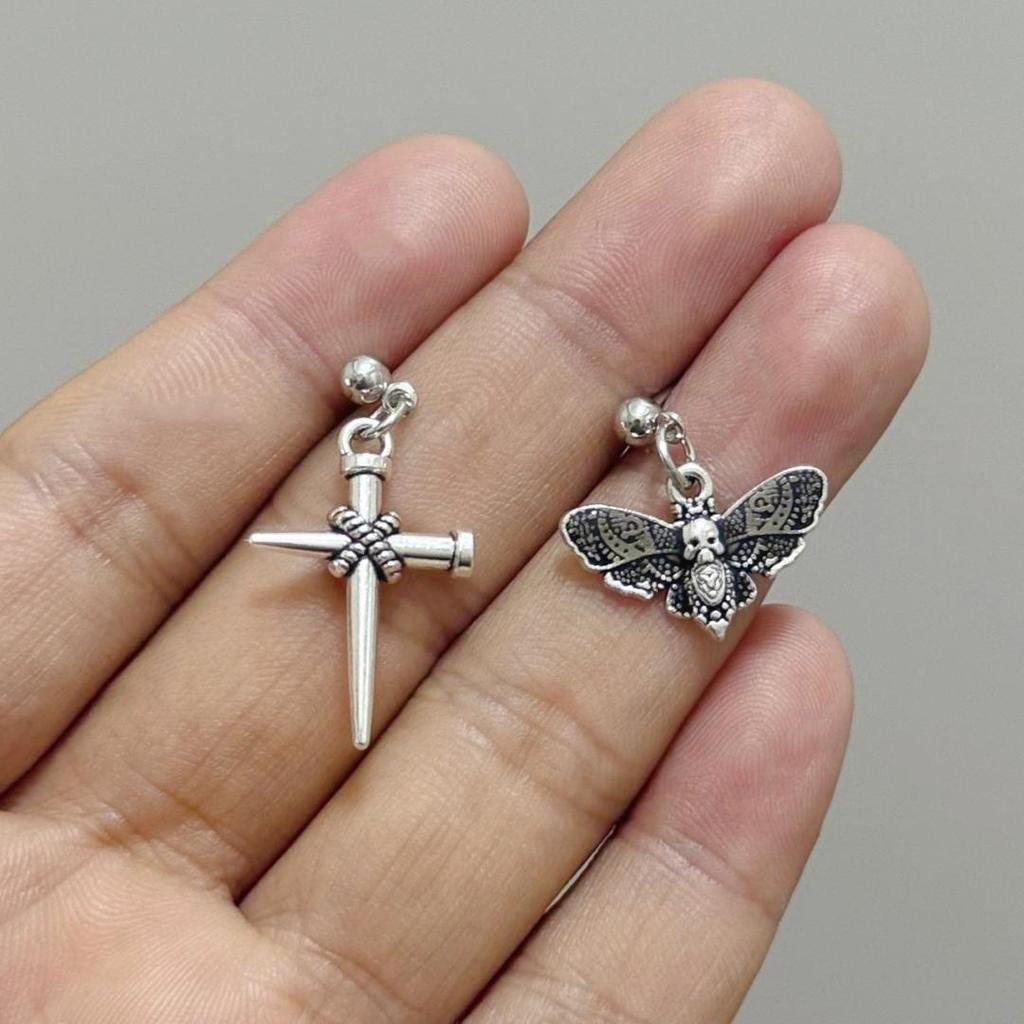 Punk Gothic Sliver Color Stainless Steel Cross Red Moth Skull Asymmetry Dangle Earrings for Women Hallowmas Party Jewelry Gifts
