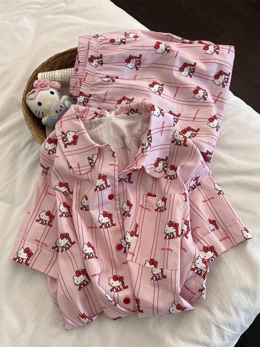 

Японские милые розовые в полоску пижамы Hello Kitty женские летние с коротким рукавом и брюками комплект из двух предметов женская повседневная одежда для дома S