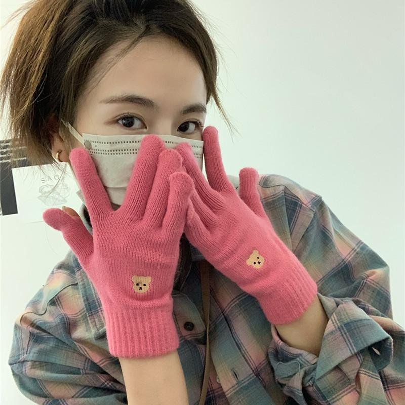 Women's Wool Gloves In Autumn and Winter Korean Cute Bear Embroidery Knitted Touch Screen Student Warm Riding Gloves Windproof