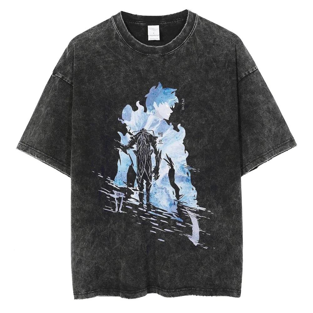 Solo Leveling Sung Jinwoo  Shadow Monarch · Dual Silhouette  Vintage Washed Oversized Streetwear T-Shirt L