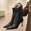 2025 Spring and Autumn New Fashion Versatile Autumn and Winter Feeling Pointed Splicing High-heeled Short Boots Women's Thin Heel Single Boots