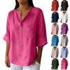 Women's Fashion Casual V-Neck Buttoned Pockets 3/4 Sleeve Cotton Linen Top