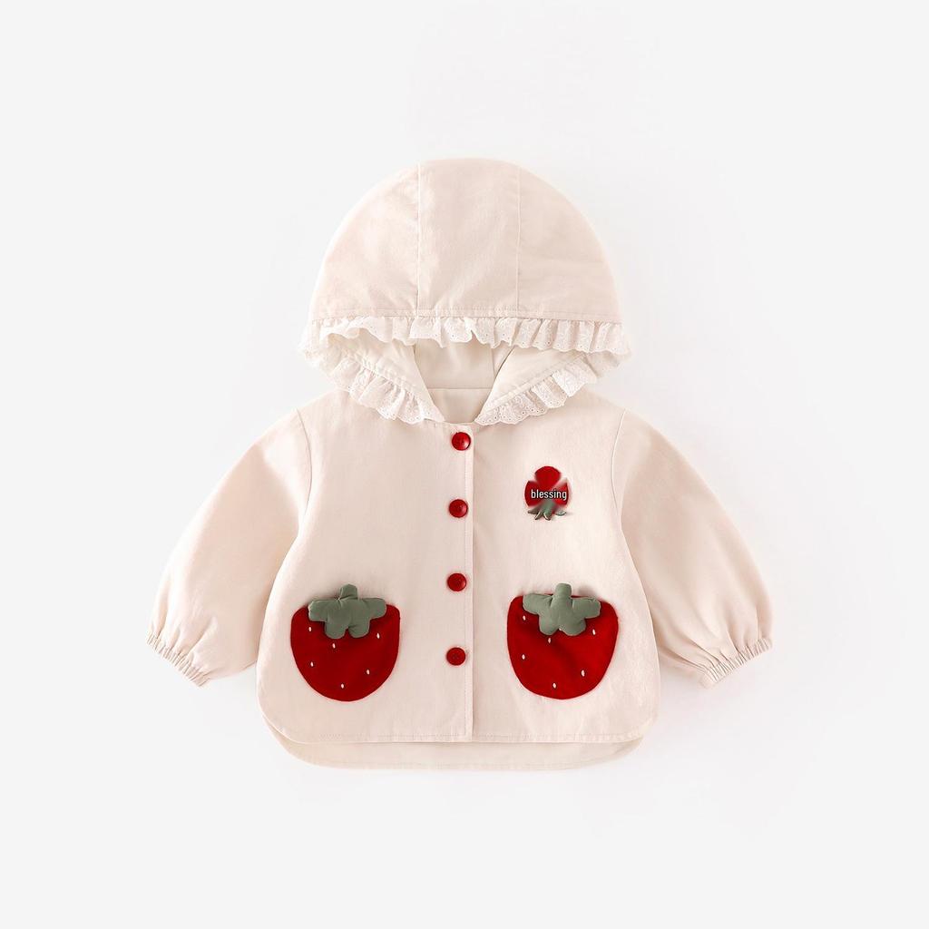 Girls' Super Cute Strawberry Hooded Jacket - Autumn 2025 Lace Cartoon Top