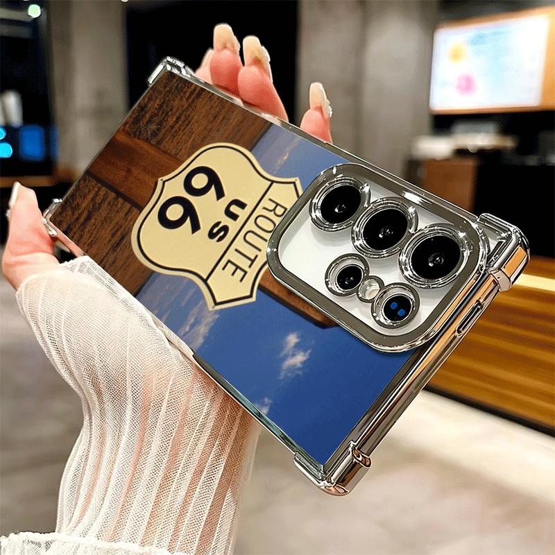 America Route 66 Plating Phone Case For Samsung Galaxy S24 S25 FE S26 Edge S23 Ultra S22 S21 Plus S20 Anti-Fall Airabag Cover