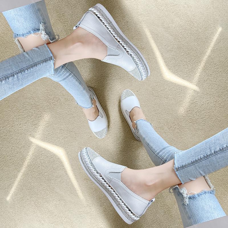 Fashion Women Platform Flats shoes Casual female Genuine Leather Walking flats Loafers for women White crystal Comfort Vacation shoes