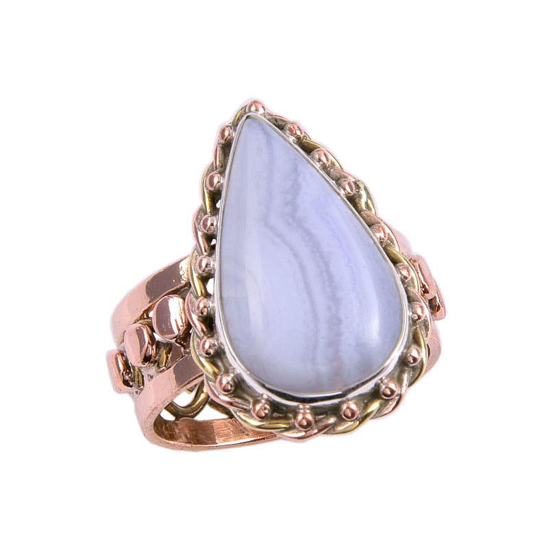Natural Blue Lace Agate Gemstone Two Tone 925 Sterling Silver Ring Size 8 l3U22