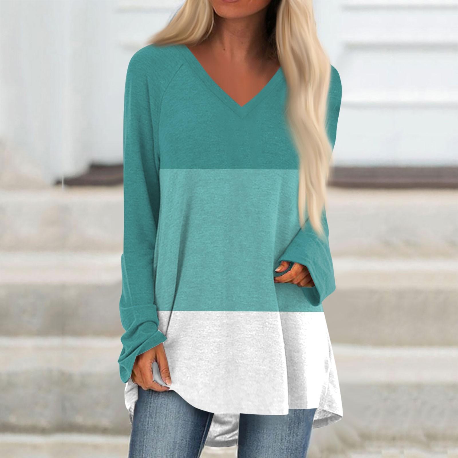 Женская и зимняя футболка с длинными рукавами и V-образным вырезом в стиле колор-блок — фото 9