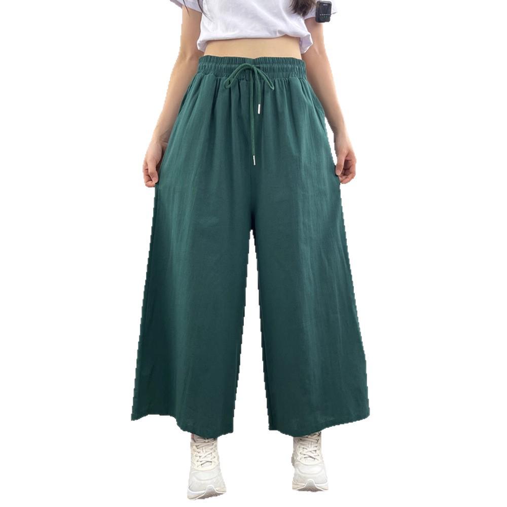 Southeast Asia Women's Casual Loose Ramie Culottes - Wide-Leg All-Cotton Slimming Pants, Eight-Point Length