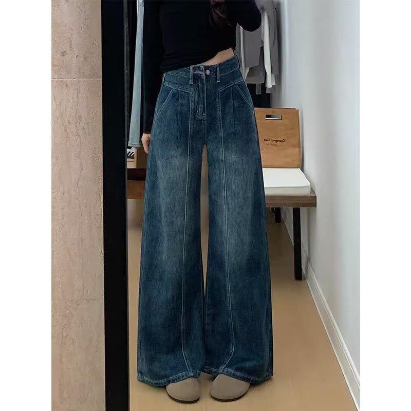 Retro fleece thickened jeans women's winter, new m loose and thin high-waisted straight-leg wide-leg pants